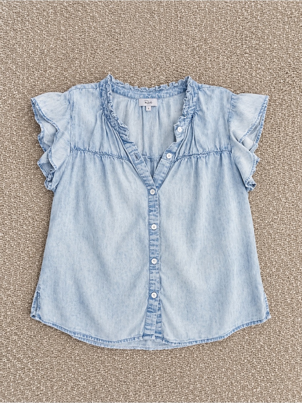 Rails Light Blue Ruffle-Trim Denim Button-Down Top